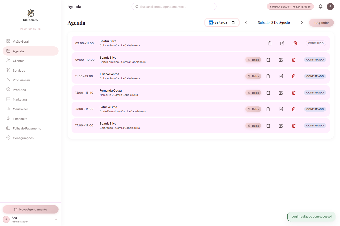 Tela da Agenda do StyleFlow